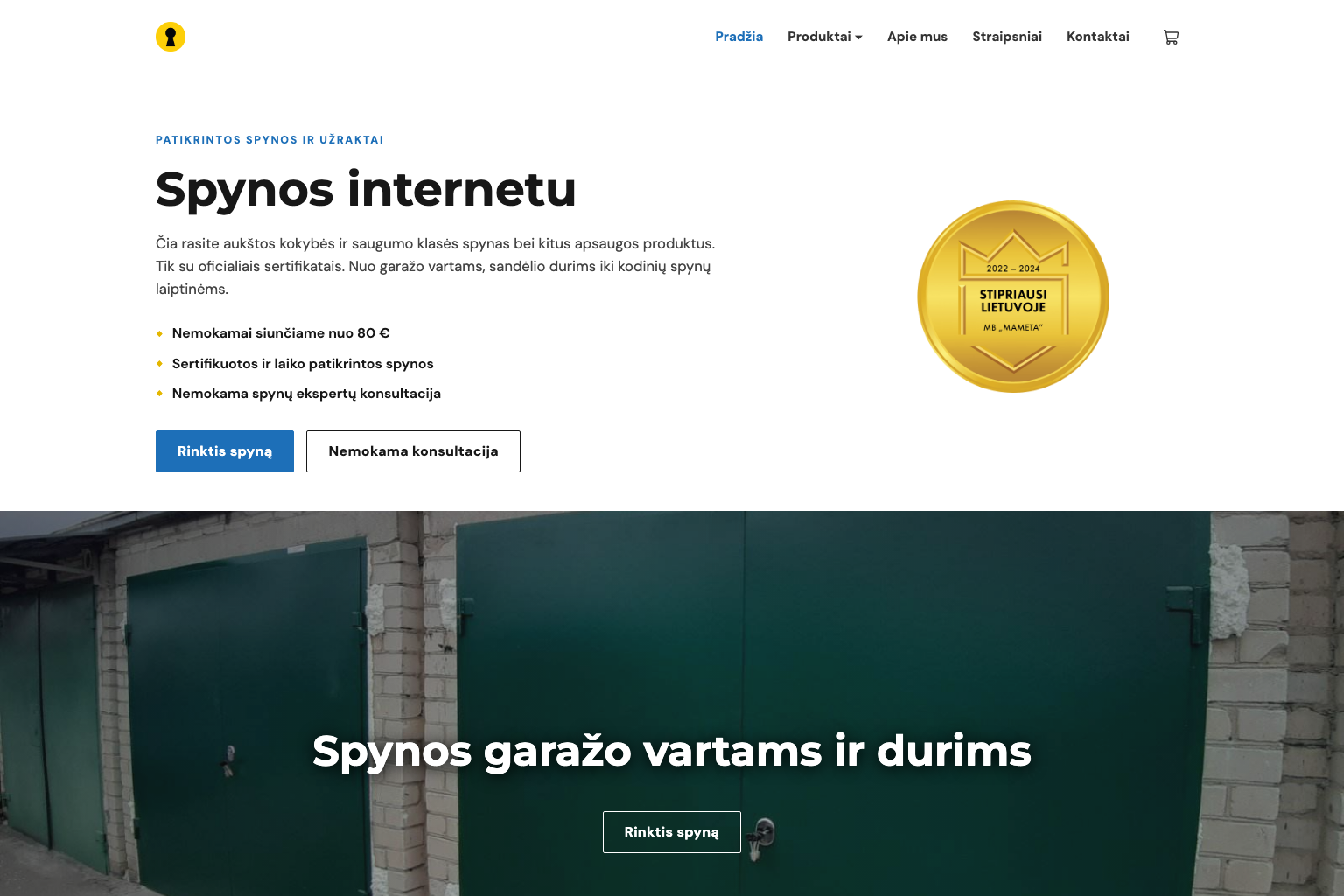 Atnaujintos Spynele.lt svetainės pradinis puslapis su spynų pasirinkimu ir konsultacijos nuoroda
